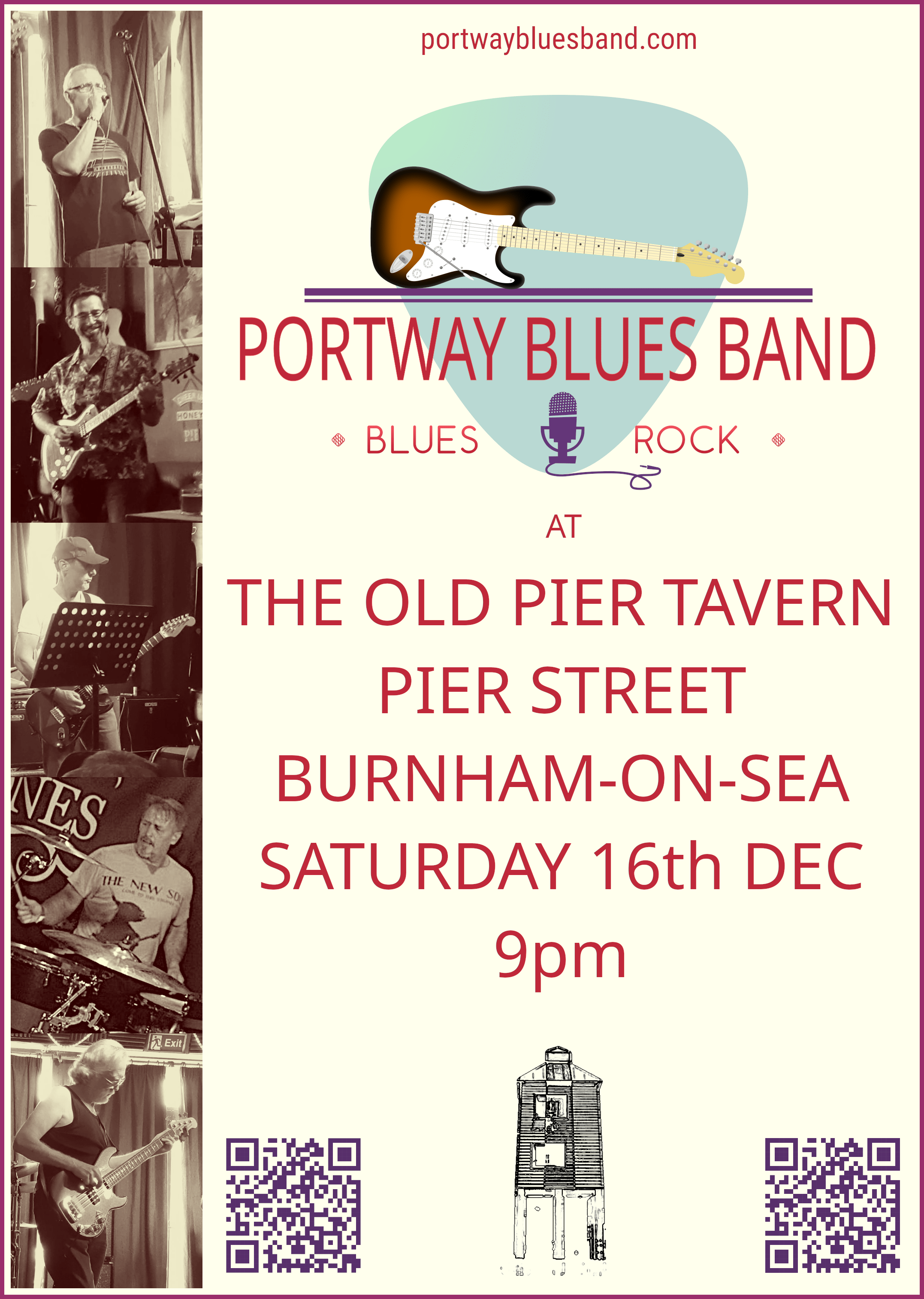 Portway Blues Band gig poster for a gig at The Old Pier Tavern, Burnham-on-Sea, Saturday 16th December 2023